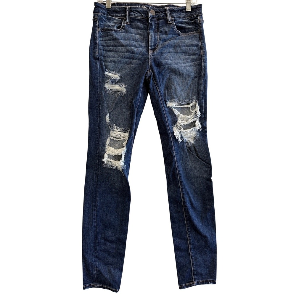 American Eagle Jeans Women 10 Blue Super Stretch X Distressed Skinny